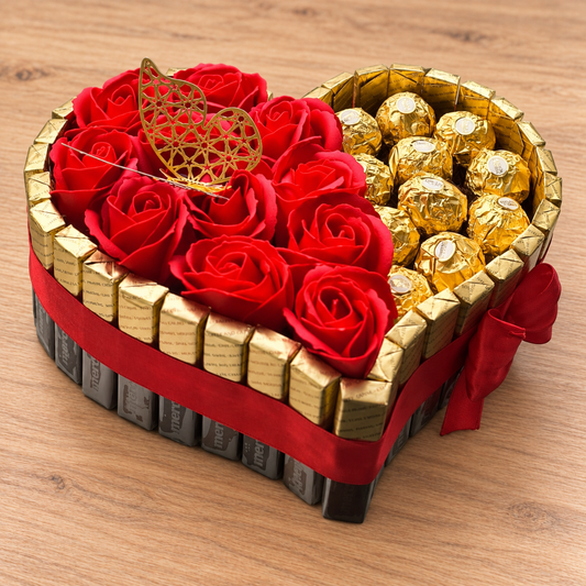 Elegant heart cake with Merci and Ferrero chocolates – Romantic gift with soap roses