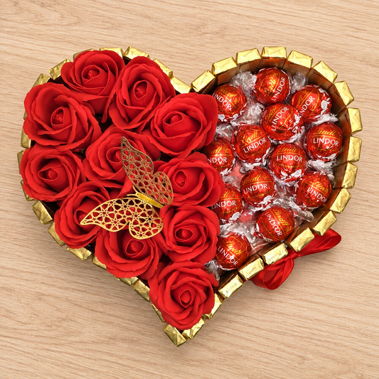 Elegant heart cake with Merci and Ferrero chocolates – Romantic gift with soap roses