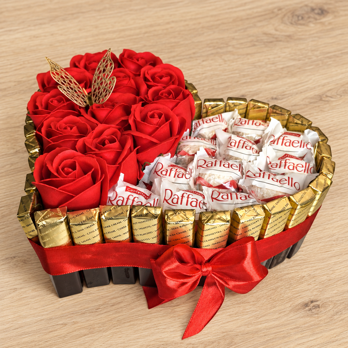 Elegant heart cake with Merci and Ferrero chocolates – Romantic gift with soap roses