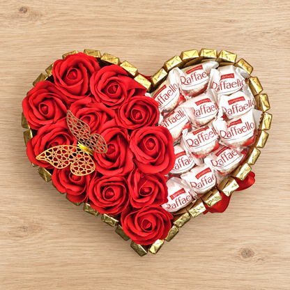 Elegant heart cake with Merci and Ferrero chocolates – Romantic gift with soap roses