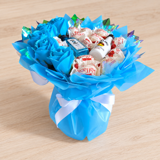 Edible bouquet with Raffaello, Gin Bombay, Malibu &amp; blue soap roses – Romantic gift for special occasions