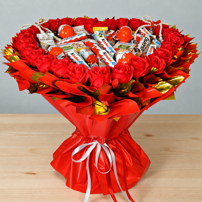 Kinder Schokolade Strauss Deluxe XL – Herz mit roten Rosen