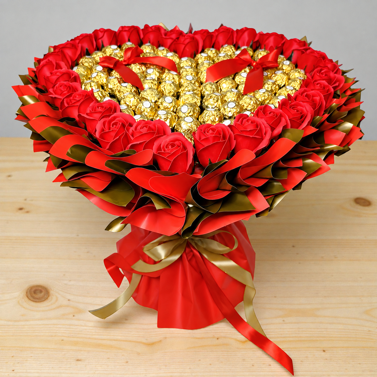 Ferrero Rocher Strauss XL in Herzform mit roten Seifenrosen