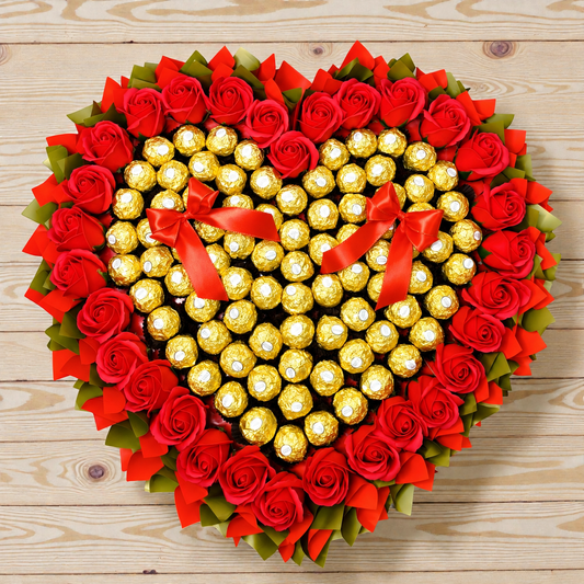 Ferrero Rocher Strauss XL in Herzform mit roten Seifenrosen