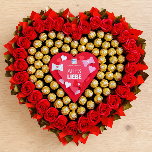 Ferrero Rocher Strauss XL in Herzform mit Ritter Sport „Alles Liebe“