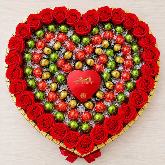 Queen Heart – Exklusiver Lindt Lindor Pralinenstrauß mit Seifenrosen