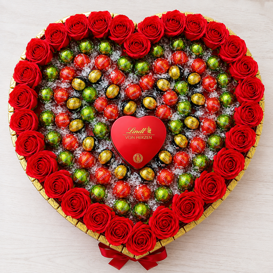 Queen Heart – Exklusiver Lindt Lindor Pralinenstrauß mit Seifenrosen