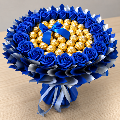 Blauer Ferrero Rocher Strauss mit Seifenrosen – Edles Schokoladengeschenk