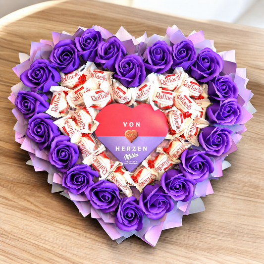 Raffaello Geschenkstrauß mit Milka Von Herzen und Seifenrosen