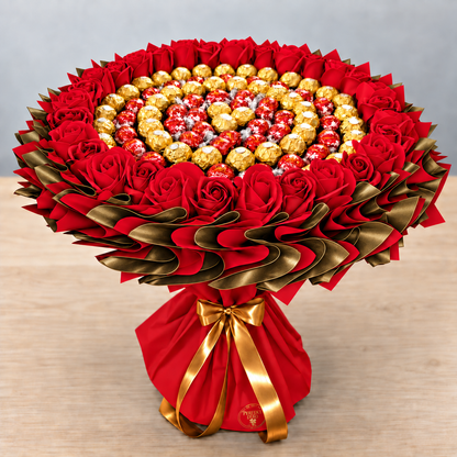 Pralinenstrauß Rot-Gold mit Ferrero Rocher, Lindt Lindor Vollmilch und Seifenrosen