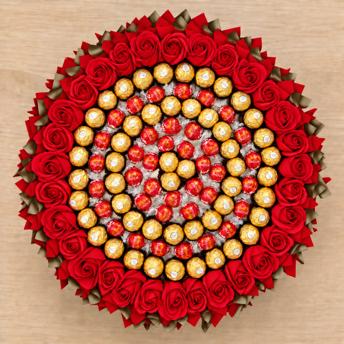 Pralinenstrauß Rot-Gold mit Ferrero Rocher, Lindt Lindor Vollmilch und Seifenrosen