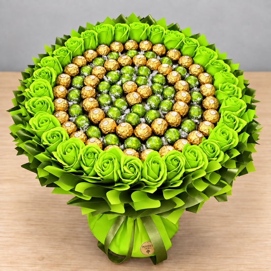 Green Love – Pralinenstrauß mit Ferrero Rocher, Lindt Lindor Pistazie & Seifenrosen