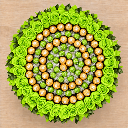 Green Love – Pralinenstrauß mit Ferrero Rocher, Lindt Lindor Pistazie & Seifenrosen