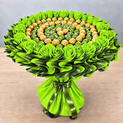 Green Love – Pralinenstrauß mit Ferrero Rocher, Lindt Lindor Pistazie & Seifenrosen