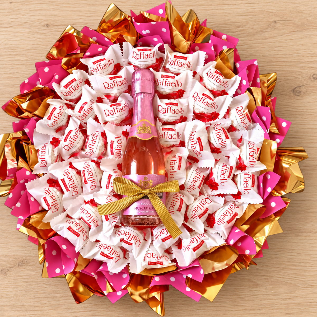 Edible bouquet "Raffaello &amp; Wine" - Luxurious gift set with chocolates and wine for special occasions