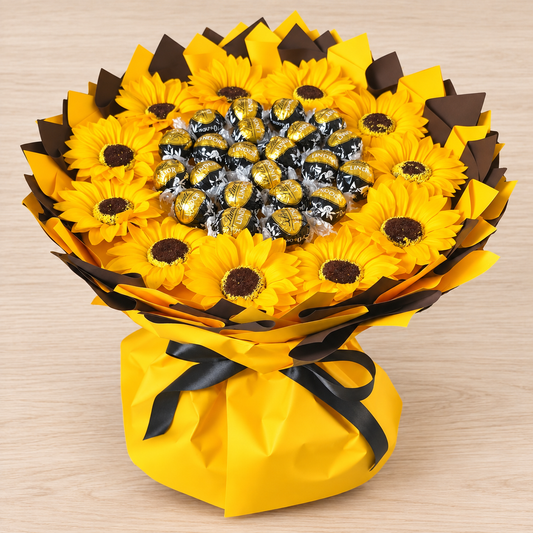 Sonnenzauber – Lindor Geschenkstrauß mit Sonnenblumen