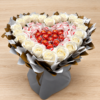 Heart-shaped bouquet with Raffaello, Lindt Lindor &amp; white roses – Elegant gift for romantic occasions 