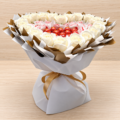 Heart-shaped bouquet with Raffaello, Lindt Lindor &amp; white roses – Elegant gift for romantic occasions 