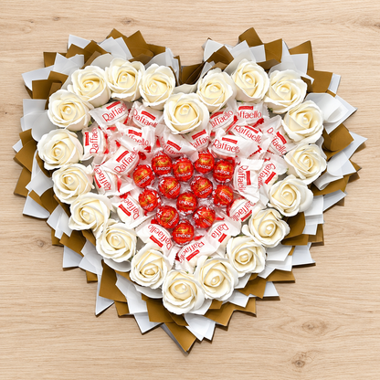 Heart-shaped bouquet with Raffaello, Lindt Lindor &amp; white roses – Elegant gift for romantic occasions 