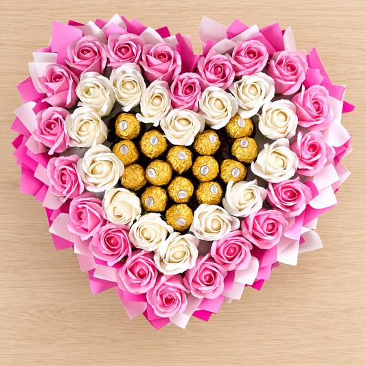 Ferrero Rocher Herzstrauß mit rosa-weißen Seifenrosen – Geschenk für Frauen