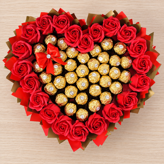 Ein Herz aus Gold – Ferrero Rocher Herzstrauß mit roten Seifenrosen