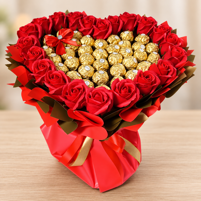 Ein Herz aus Gold – Ferrero Rocher Herzstrauß mit roten Seifenrosen
