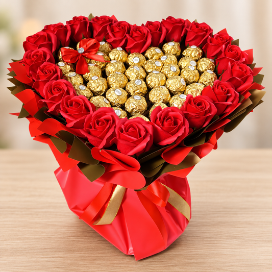 Ein Herz aus Gold – Ferrero Rocher Herzstrauß mit roten Seifenrosen