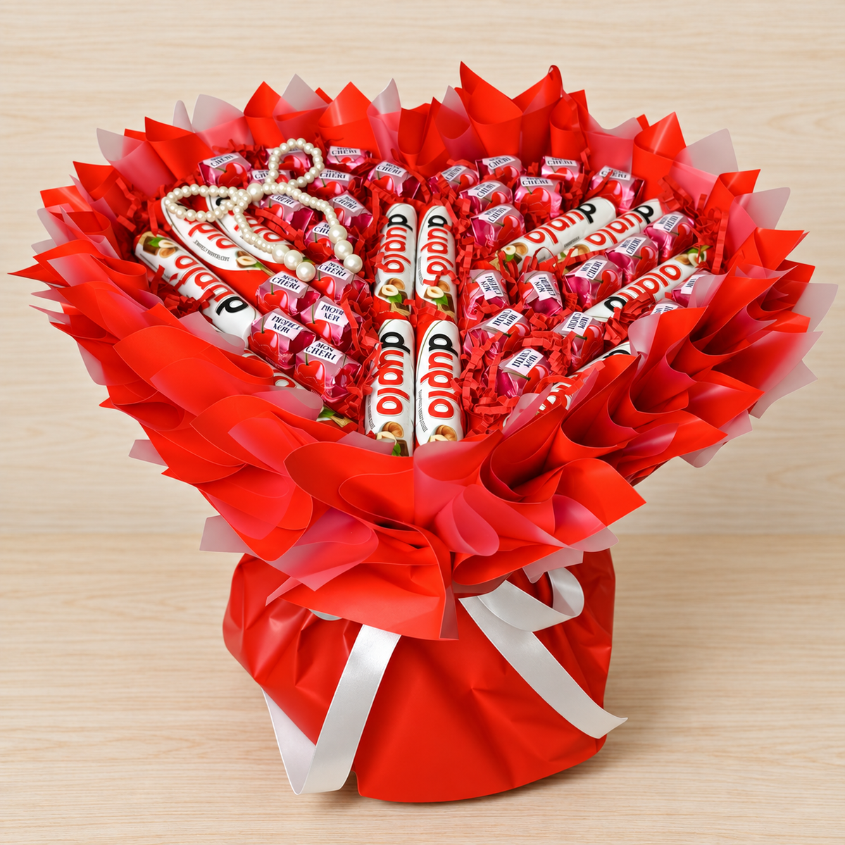 Süßigkeitenstrauß in Herzform mit Duplo & Mon Chéri – Geschenk für Frauen