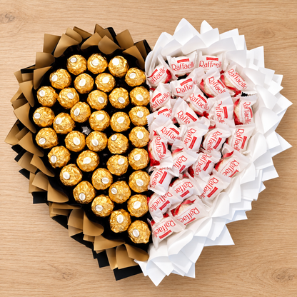 White & Black Herzstrauß mit Ferrero Rocher und Raffaello