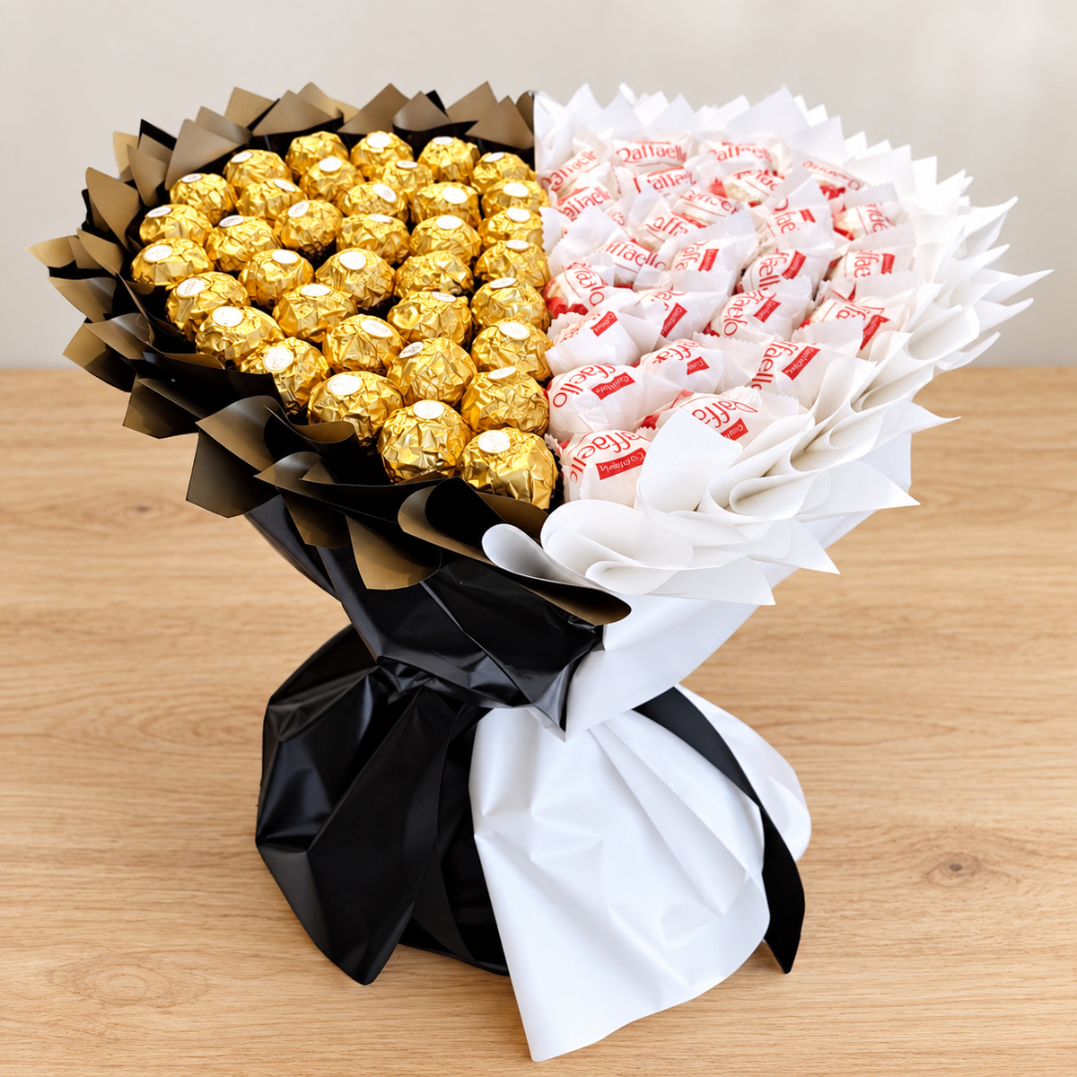 White & Black Herzstrauß mit Ferrero Rocher und Raffaello