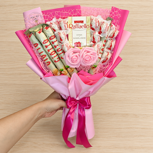 Essbarer Blumenstrauß "Pink Giotto" – Exklusives Geschenk mit Raffaello, Giotto & kunstvollen Rosen