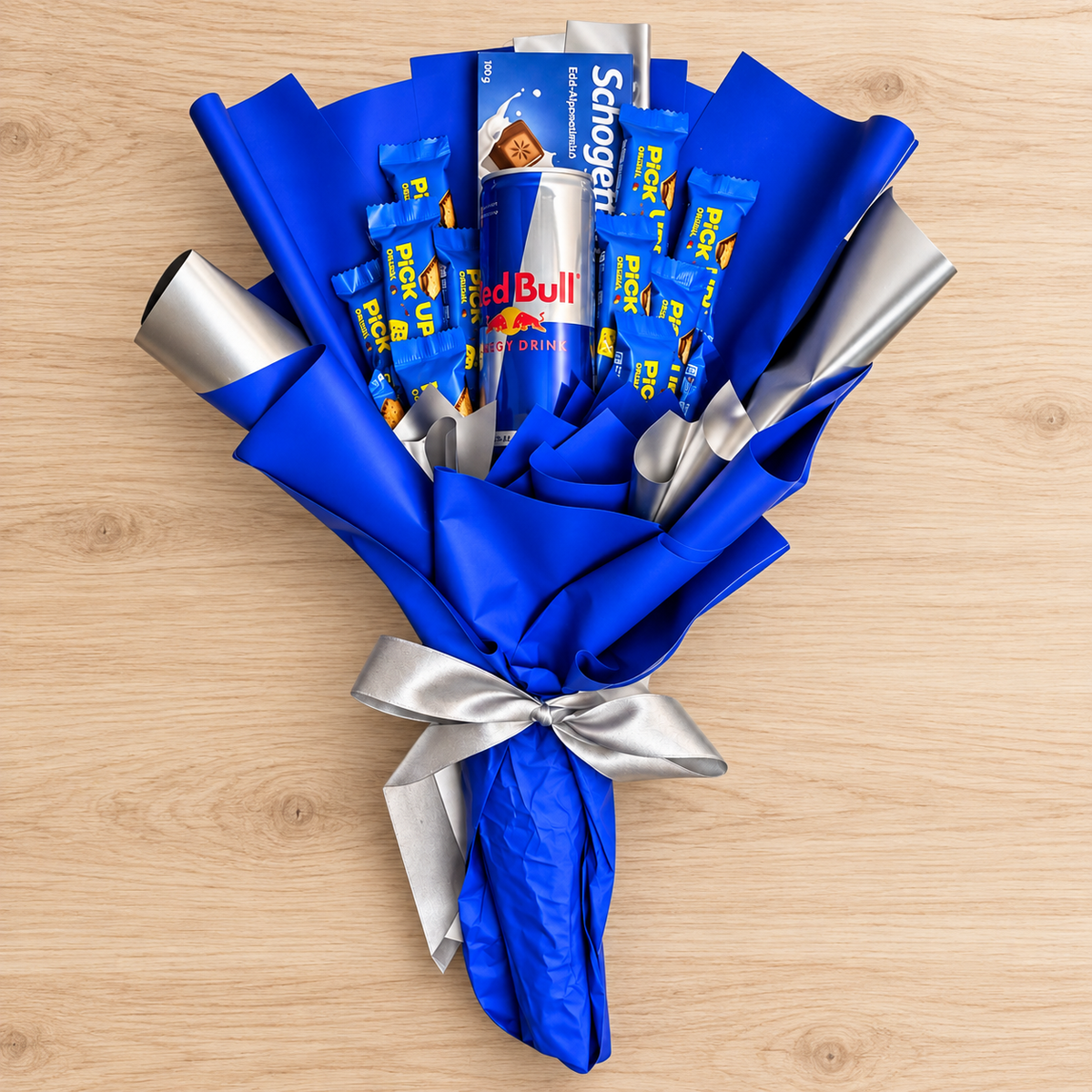 Energetic pleasure bouquet with Pick Up, Schogetten &amp; Red Bull – Invigorating gift for active connoisseurs