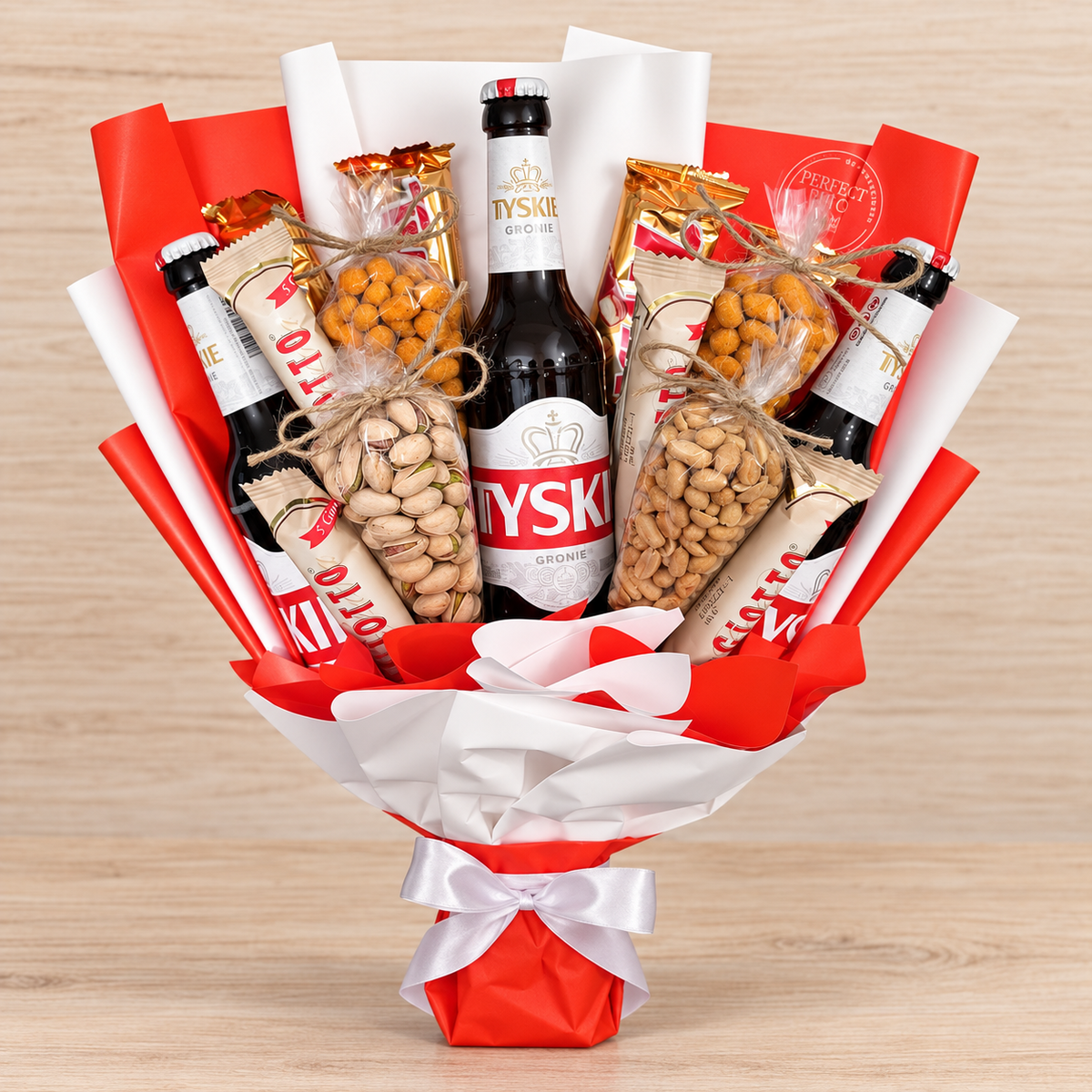Geschenkstrauss mit Tyskie Bier, Giotto und Snacks – besondere Geschenkidee für Männer