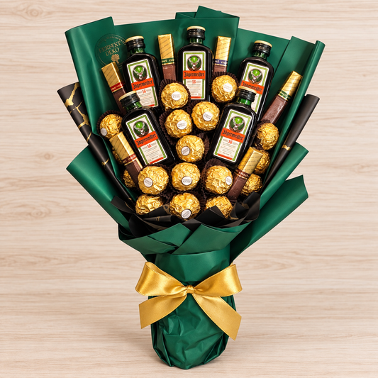 Jägermeister Strauss Grün-Gold mit Ferrero Rocher – Geschenk für Männer