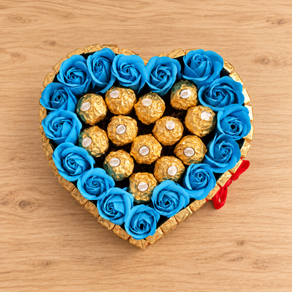 Candy heart cake with Merci chocolate, Ferrero pralines &amp; soap roses – Romantic gift idea