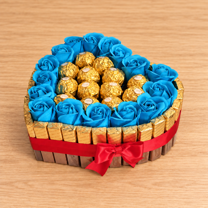 Candy heart cake with Merci chocolate, Ferrero pralines &amp; soap roses – Romantic gift idea