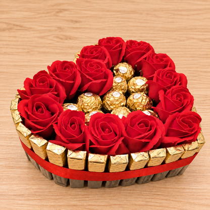 Candy heart cake with Merci chocolate, Ferrero pralines &amp; soap roses – Romantic gift idea
