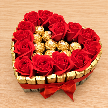Candy heart cake with Merci chocolate, Ferrero pralines &amp; soap roses – Romantic gift idea