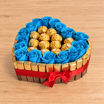 Candy heart cake with Merci chocolate, Ferrero pralines &amp; soap roses – Romantic gift idea