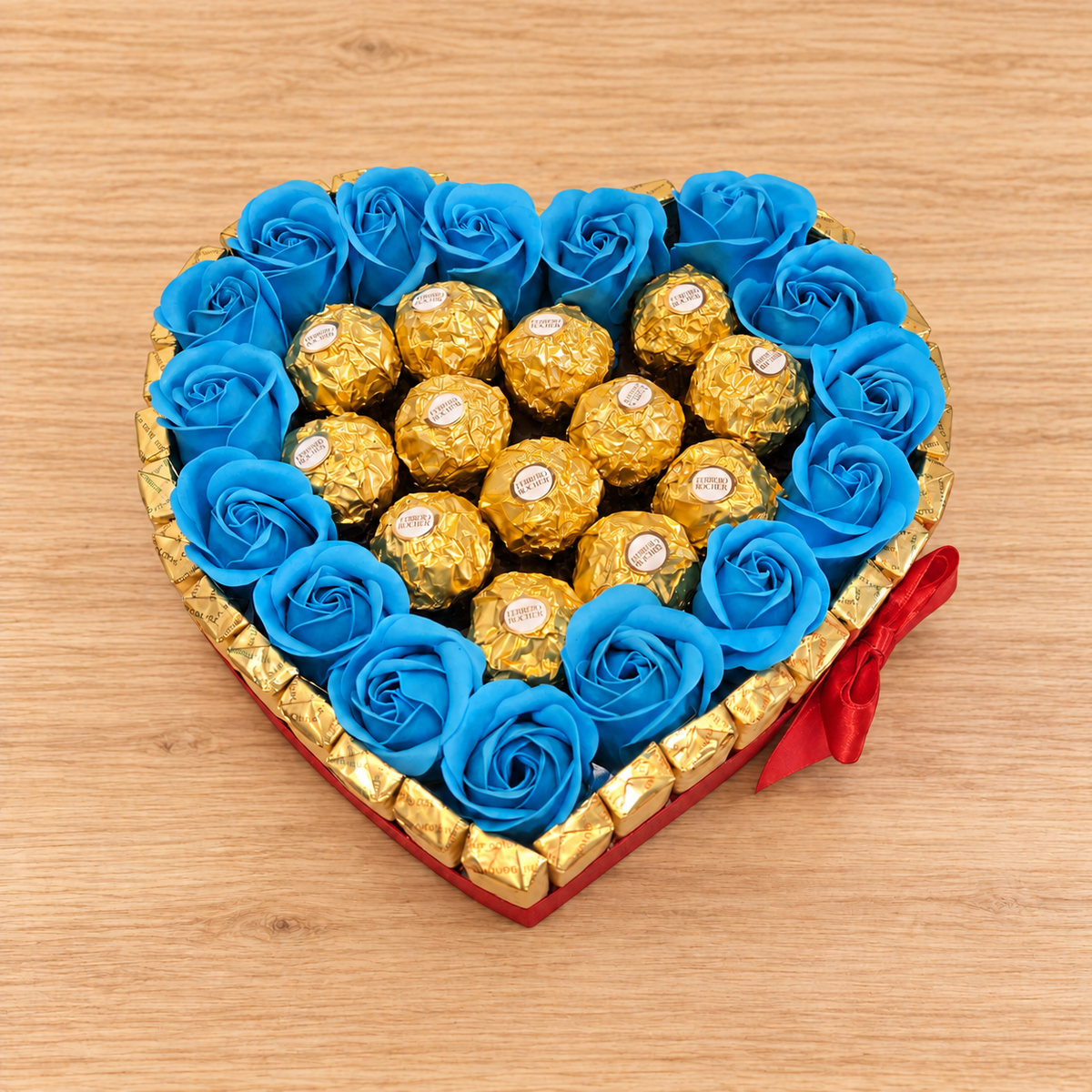 Candy heart cake with Merci chocolate, Ferrero pralines &amp; soap roses – Romantic gift idea