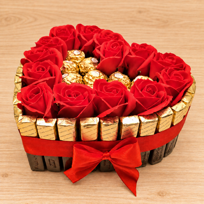 Candy heart cake with Merci chocolate, Ferrero pralines &amp; soap roses – Romantic gift idea
