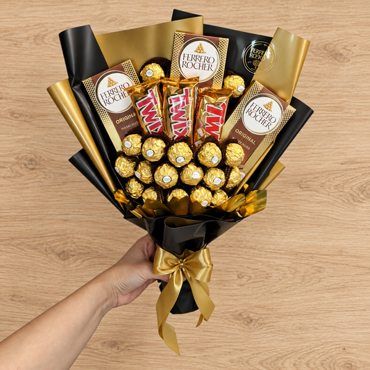 Handgefertigter Genussstrauß mit Ferrero Rocher, Ferrero Schokoladentafeln & Twix – Exklusives Geschenk für besondere Anlässe