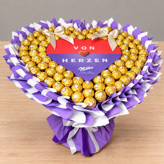 Von Herzen –XL Ferrero Rocher Herzstrauß mit Milka Pralinenherz