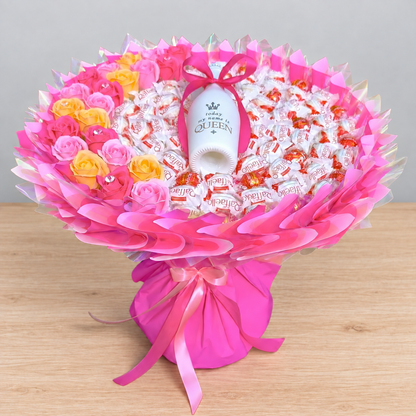 Raffaello Blumenstrauß XL mit Seifenrosen, Lindor & Weißwein – Geschenk für Frauen