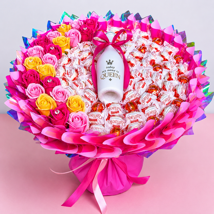 Raffaello Blumenstrauß XL mit Seifenrosen, Lindor & Weißwein – Geschenk für Frauen