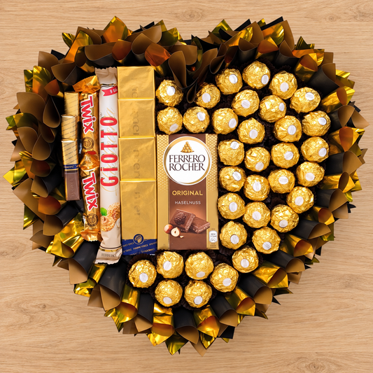Gold & Black Schokoladenstrauß mit Ferrero Rocher, Merci & Twix – Luxus-Geschenk