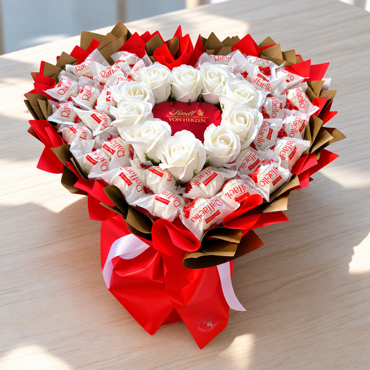 Raffaello Geschenkstrauß mit Lindt Von Herzen und Seifenrosen