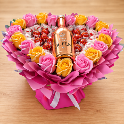 Geschenkstrauß mit Queen Wein, Raffaello und Lindor