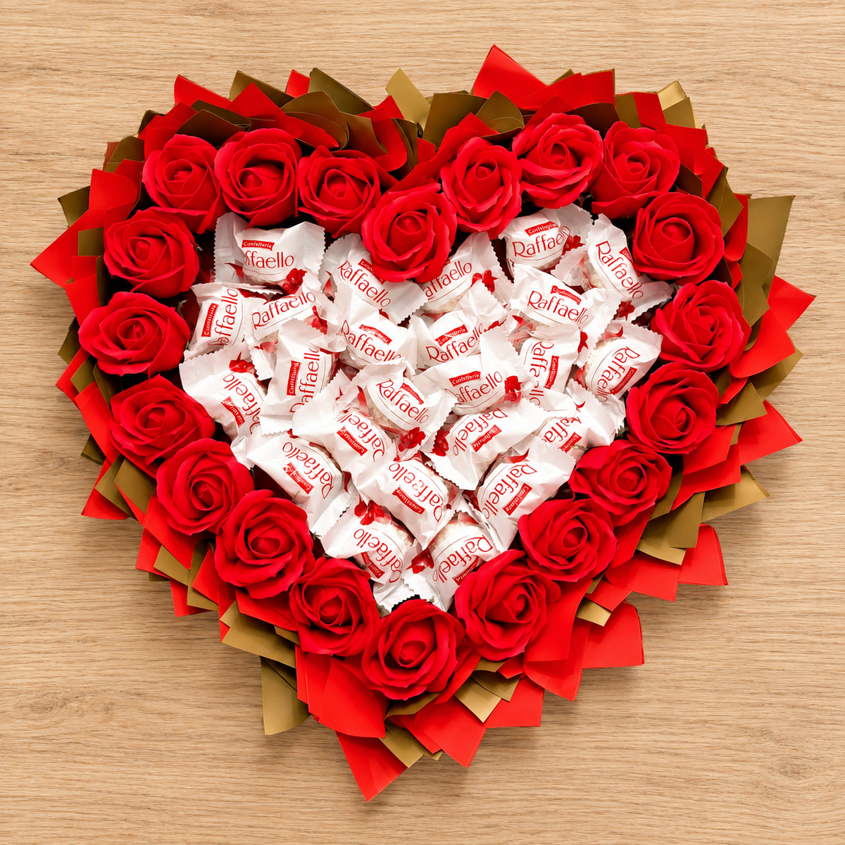 Heart-shaped bouquet of pleasure "Raffaello &amp; Red Roses" - Romantic gift for Valentine's Day and special occasions 