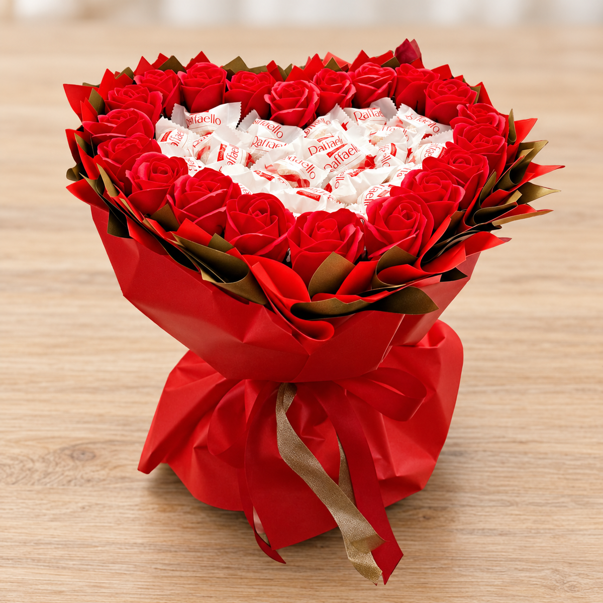 Heart-shaped bouquet of pleasure "Raffaello &amp; Red Roses" - Romantic gift for Valentine's Day and special occasions 